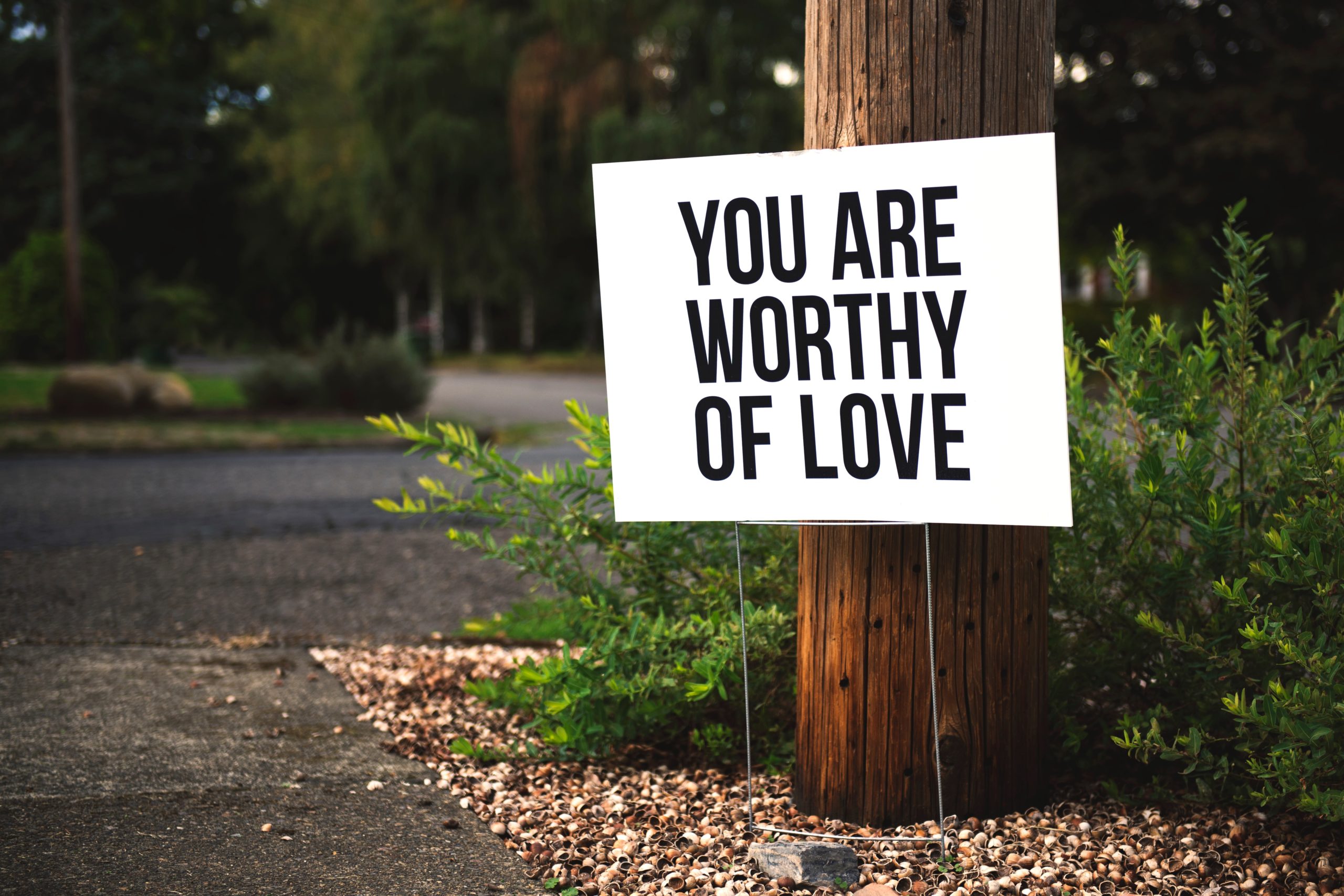Pensaiden edessä kyltti, jossa lukee: "You are worthy of love".