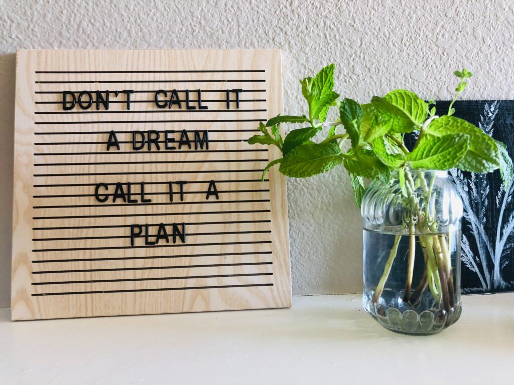 Taulu jossa teksti Don't call it a dream, call it a plan.
